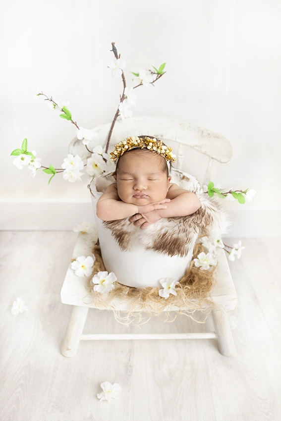 Photo d'un bébé dans un contenant en position artistique lors d'une séance nouveau né avec Tiana Photographe Toulouse